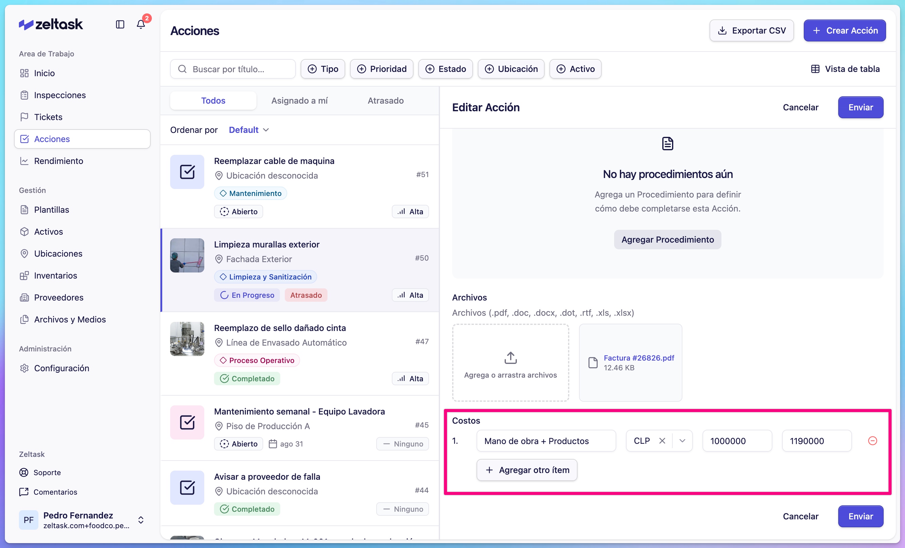 Action detail view with the Costs section highlighted